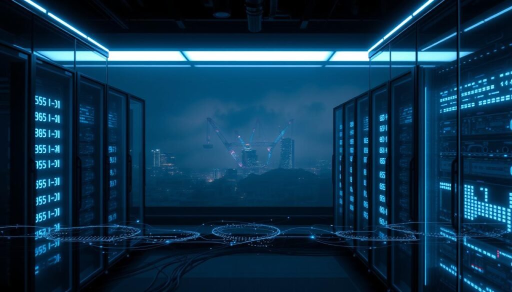 A dark, industrial setting with a high-security data center in the foreground. The facility is encased in a sleek, angular glass and steel structure, illuminated by soft blue lighting that casts long shadows. In the middle ground, a network of cables and servers hum with activity, their blinking lights symbolizing the flow of sensitive information. In the background, a cityscape shrouded in fog, a reminder of the wider digital landscape that the data center is tasked with protecting. The atmosphere is one of intensity, precision, and the weight of responsibility for safeguarding critical data. A dark, industrial setting with a high-security data center in the foreground. The facility is encased in a sleek, angular glass and steel structure, illuminated by soft blue lighting that casts long shadows. In the middle ground, a network of cables and servers hum with activity, their blinking lights symbolizing the flow of sensitive information. In the background, a cityscape shrouded in fog, a reminder of the wider digital landscape that the data center is tasked with protecting. The atmosphere is one of intensity, precision, and the weight of responsibility for safeguarding critical data.