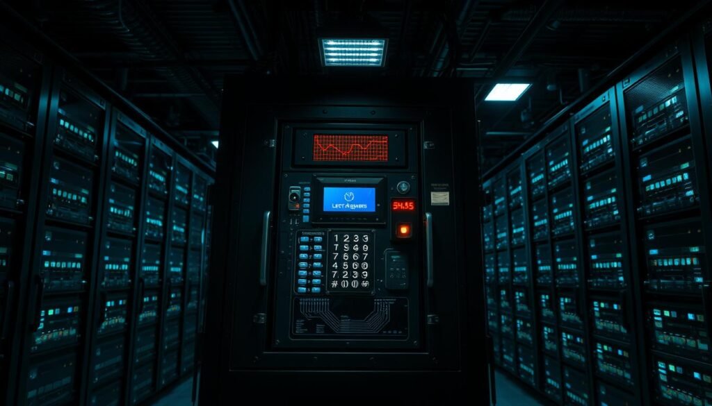 A dark, industrial-style server room with an intricate security panel illuminated by harsh, overhead lighting. The panel features a biometric scanner, keypad, and access control system, reflecting the high-stakes, tightly secured nature of sensitive data and systems. The background is filled with racks of glowing computer equipment, casting an eerie glow, emphasizing the gravity of breaching such a secure environment. The overall atmosphere conveys a sense of power, control, and the consequences of unauthorized access. A dark, industrial-style server room with an intricate security panel illuminated by harsh, overhead lighting. The panel features a biometric scanner, keypad, and access control system, reflecting the high-stakes, tightly secured nature of sensitive data and systems. The background is filled with racks of glowing computer equipment, casting an eerie glow, emphasizing the gravity of breaching such a secure environment. The overall atmosphere conveys a sense of power, control, and the consequences of unauthorized access.