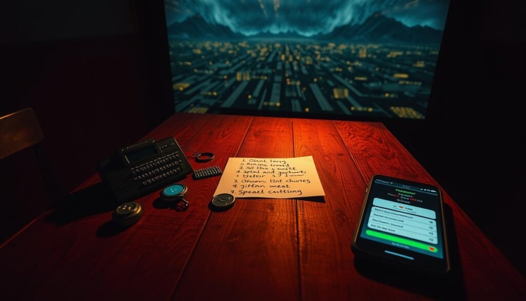 A dark, moody room with warm lighting casting shadows across a sturdy wooden table. On the table, a variety of password-related objects: a password manager, a security token, a sheet of paper with complex character combinations, and a mobile device displaying a password strength meter. In the background, a looming digital landscape with glowing circuit patterns, conveying the modern threat landscape. The scene exudes a sense of importance and urgency, emphasizing the need for robust, memorable passwords in the face of ever-evolving cyber threats.