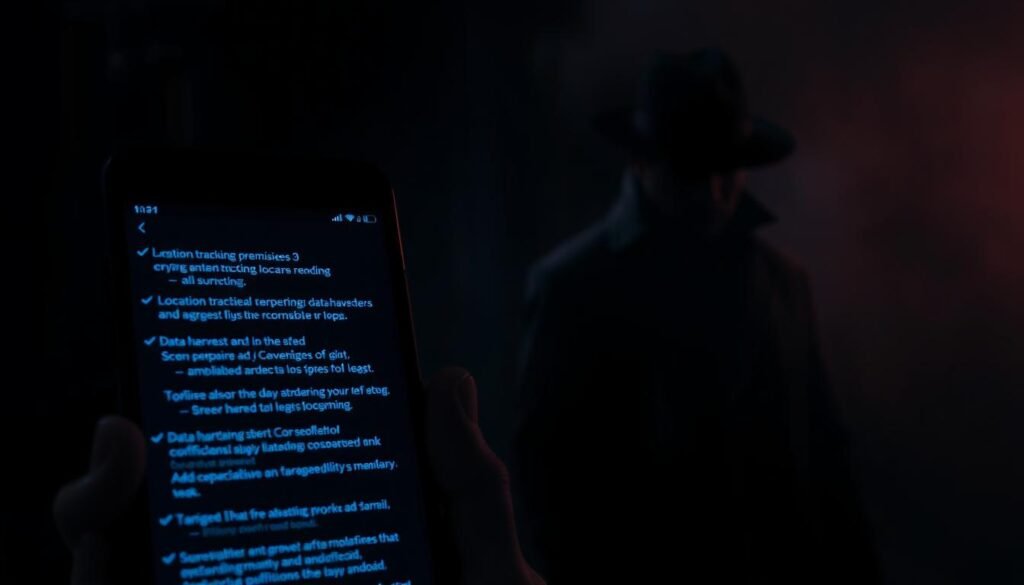 A dark, moody scene depicting the ominous nature of online privacy tracking on Android phones in the year 2025. In the foreground, a smartphone screen displays a cascading series of location tracking permission requests, data harvesting alerts, and targeted ad notifications, casting an eerie blue glow across the user's face. In the middle ground, a shadowy figure in a trenchcoat and fedora lurks, representing the looming presence of surveillance and data brokers. The background is hazy and out of focus, creating a sense of unease and the feeling of being constantly watched. Dramatic low-angle lighting casts dramatic shadows, heightening the sense of tension and foreboding.