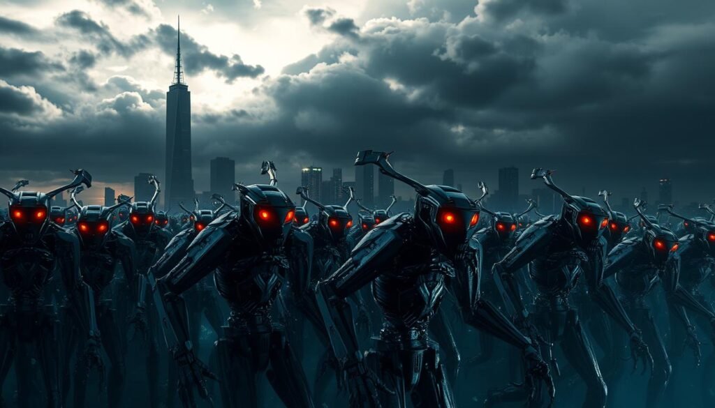 A dark, ominous city skyline at night, silhouetted against a stormy sky. In the foreground, a swarm of mechanical androids, their metallic limbs and glowing red eyes conveying a sense of impending danger. The androids are depicted with intricate details, their bodies adorned with sharp edges and ominous appendages. The lighting is dramatic, with deep shadows and intense highlights that accentuate the androids' menacing presence. The overall atmosphere is one of unease and foreboding, hinting at the potential for widespread chaos and destruction.