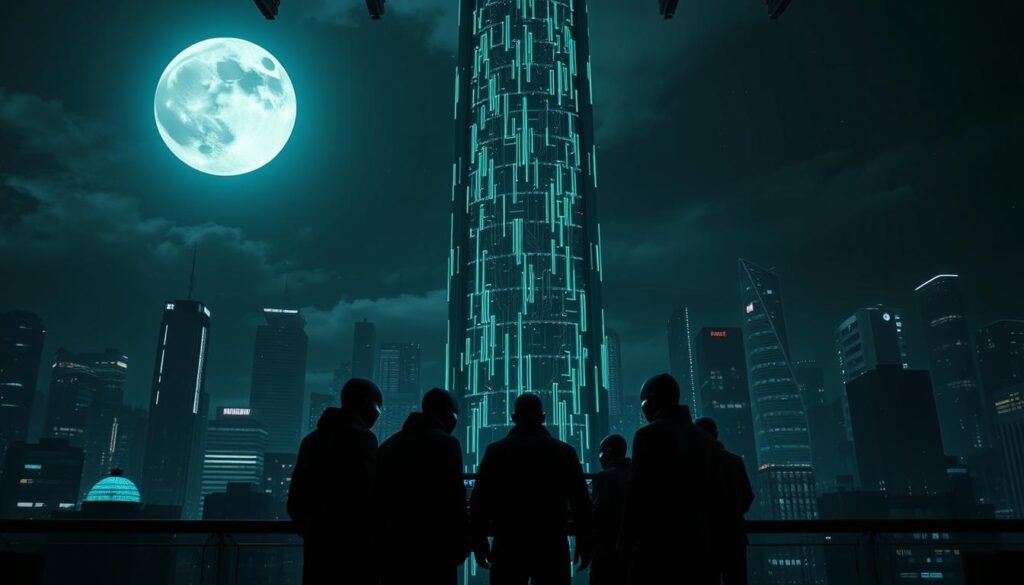 A dark, ominous cityscape at night, illuminated by a full moon and the eerie glow of holographic displays. In the foreground, a group of shadowy figures in sleek, high-tech attire gather around a central command console, their faces obscured by cyberpunk-inspired masks. Behind them, a towering skyscraper with an intricate matrix of data streams and glowing circuit boards cascading down its facade. The air is charged with a sense of foreboding, as if these "AI operationalization threat actors" are poised to unleash a wave of techno-dystopian chaos upon the world. The scene conveys a distinct atmosphere of futuristic dread and the ominous power of advanced, AI-driven cyber threats.