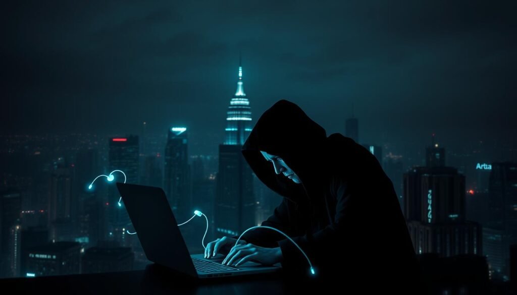 A dark, ominous cityscape at night, the skyline dotted with the silhouettes of high-rise buildings. In the foreground, a shadowy figure hunched over a laptop, the glow of the screen casting an eerie light on their face. Tendrils of digital code and glowing phishing lures emanate from the laptop, reaching out towards unsuspecting victims. The atmosphere is tense, the mood foreboding, as the threat of cybercrime looms large, amplified by the rapid democratization of AI technology. A wide-angle lens captures the scale and gravity of the scene, with dramatic chiaroscuro lighting accentuating the ominous mood.