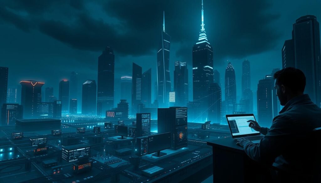 A dark, ominous cityscape illuminated by the glow of holographic threat intelligence displays. In the foreground, a sleek, high-tech security command center with analysts meticulously monitoring a network of interconnected systems. The middle ground features a maze of data cables, servers, and blinking lights, symbolizing the complex web of digital threats. In the background, towering skyscrapers with sharp, angular designs cast long shadows, creating a sense of foreboding. The scene is bathed in a cool, blue-tinted lighting, casting an air of technological sophistication and heightened vigilance. The overall atmosphere conveys the gravity and urgency of the topic of connected security and the critical role of threat intelligence in modern vulnerability management.