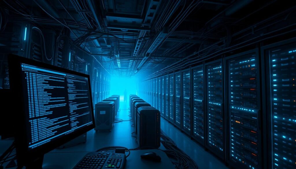 A dark, ominous command-and-control (C2) server infrastructure, its intricate web of connections illuminated by an eerie, icy blue glow. In the foreground, a sleek, high-tech computer terminal displays a series of encrypted network traffic and system logs, hinting at the sinister activities unfolding. The middle ground features a maze of servers, switches, and networking equipment, their blinking lights casting an ominous ambiance. In the background, a vast, shadowy data center stretches out, the air thick with the hum of cooling fans and the weight of unseen cyber threats. The scene evokes a sense of unease and the relentless, almost sentient nature of modern malware and its C2 infrastructure.