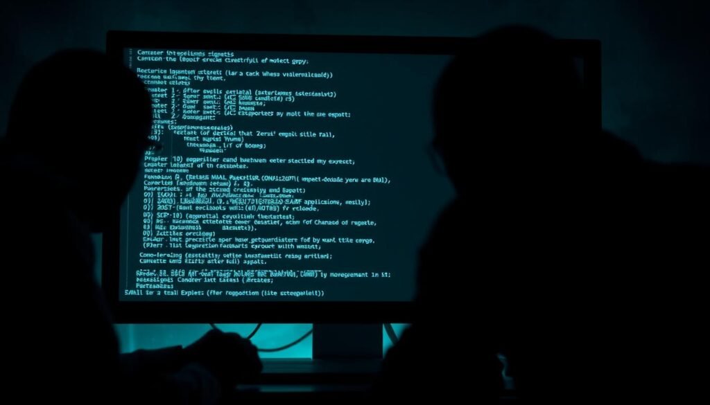 A dark, ominous computer screen displays a series of complex algorithms and code, hinting at the unseen threats lurking in the digital landscape. Shadowy figures manipulate the system, exploiting vulnerabilities with surgical precision. The scene conveys a sense of unease and the looming danger of zero-day attacks, where unknown exploits catch even the most vigilant cybersecurity professionals off guard. Dramatic lighting casts dramatic shadows, emphasizing the gravity of the situation. The overall mood is one of suspense, danger, and the unseen forces that can wreak havoc in the digital realm.