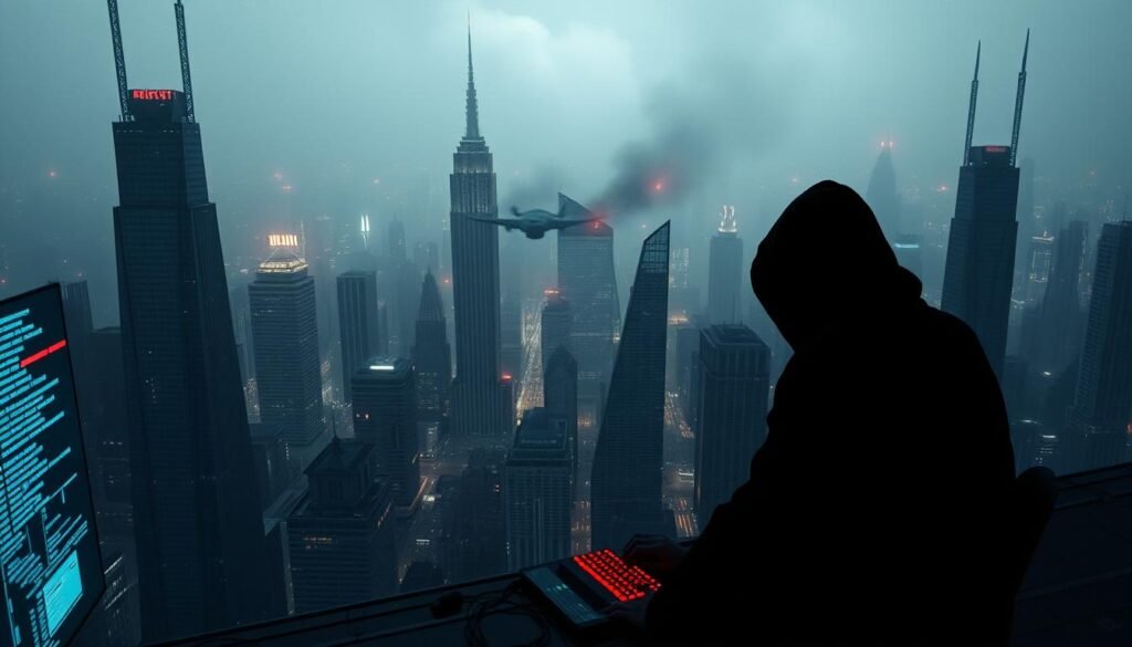 A dark, ominous cyberpunk landscape of a futuristic city under siege by a cyber attack. In the foreground, a lone hacker cloaked in shadows hunches over a glowing computer terminal, their fingers dancing across the keyboard. Holographic displays flicker and glitch, revealing lines of code and encrypted data streams. The middle ground is a maze of towering skyscrapers and communication hubs, their lights flickering as the city's infrastructure is compromised. In the background, a dense fog obscures the horizon, punctuated by the ominous glow of missile silos and military drones readying for a counterattack. An eerie, unsettling atmosphere permeates the scene, conveying the grave threat of cyber warfare against a global superpower.