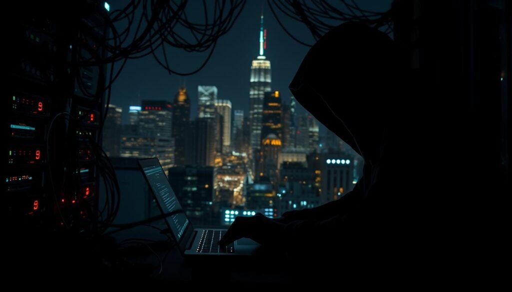A dark, ominous hacking scene featuring common phishing techniques. In the foreground, a shadowy figure hunched over a laptop, their face obscured, executing a phishing email scam. Behind them, a web of tangled cables and blinking server racks, casting an eerie glow. In the background, a cityscape at night, skyscrapers looming like silent sentinels. The lighting is dramatic, with deep shadows and highlights that convey a sense of danger and deception. The overall atmosphere is tense and foreboding, reflecting the serious threat of phishing attacks.