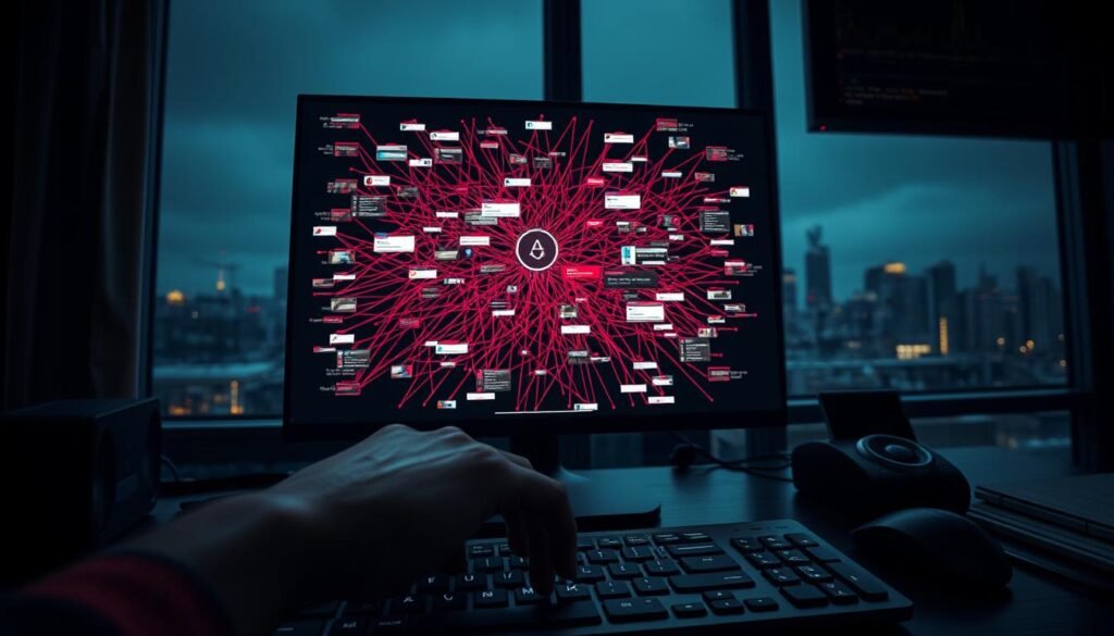A dark, ominous office environment with a computer screen displaying a complex web of interconnected malicious browser extensions. In the foreground, a hand hovers over the keyboard, conveying a sense of investigation and discovery. The lighting is dramatic, with deep shadows and highlights, creating an atmosphere of tension and unease. The background features a cityscape outside the window, hinting at the wider implications of this security threat. The overall scene suggests the gravity and real-world impact of malicious browser extensions, as uncovered by a vigilant security researcher.