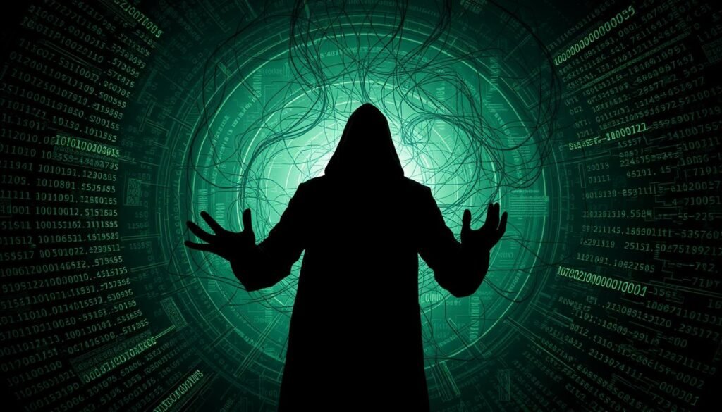 A dark, ominous scene depicting permissions abuse. In the foreground, a shadowy figure emerges from a swirling vortex of binary code, their hands outstretched, grasping for sensitive user data. Behind them, a tangled web of malicious overlays and backdoors obscures the system's critical functions. In the background, a maze of obfuscated persistence mechanisms lurk, waiting to re-establish their foothold. The lighting is dramatic, with harsh shadows and an eerie, glowing hue cast upon the entire scene, conveying a sense of unease and danger.