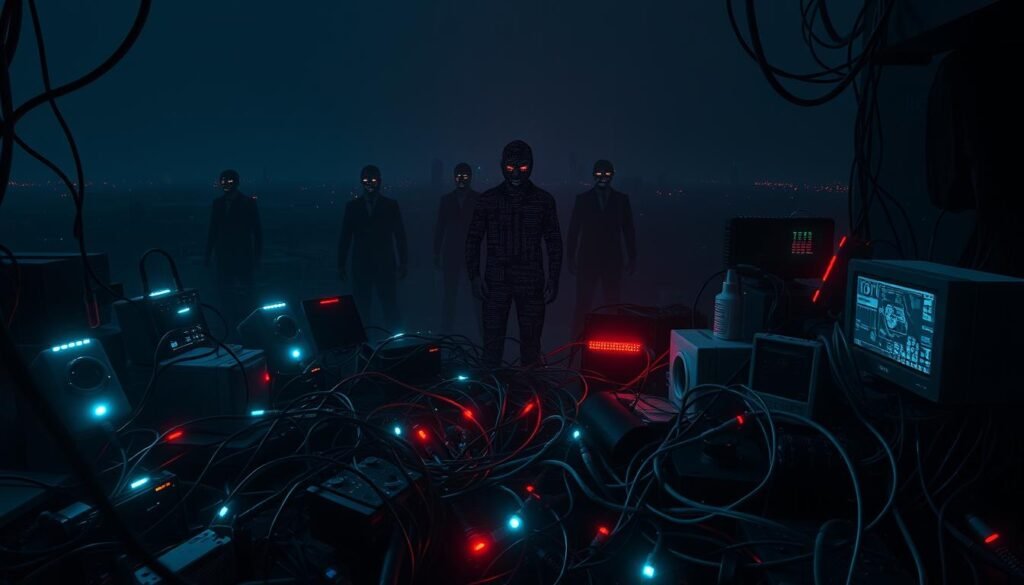 A dark, ominous scene depicting the threat of compromised IoT devices. In the foreground, a tangle of cables and wires snake out from a shadowy mass of interconnected devices - smart home appliances, security cameras, and other smart objects. Intricate circuit boards and blinking LED lights suggest the devices have been hijacked, their once benign functions now subverted for malicious purposes. In the middle ground, ghostly, glitching figures representing the unseen hackers orchestrating the attack loom menacingly. The background is shrouded in an eerie, dimly lit digital landscape, hinting at the vast scale and complexity of the IoT threat landscape. The overall mood is one of foreboding, technological dystopia, and the ominous realization that even our most innocuous devices can be weaponized against us.