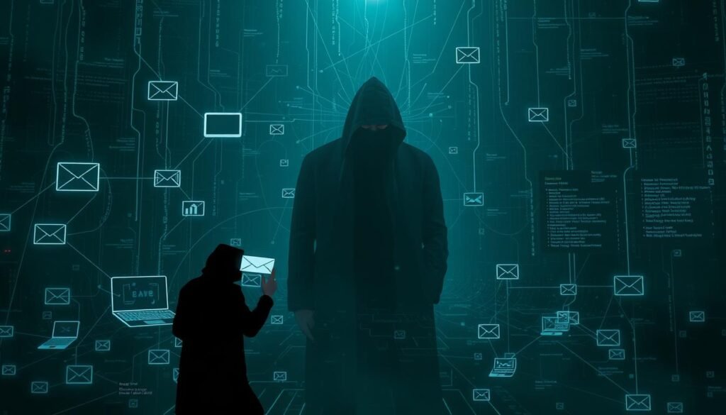 A dark, ominous scene depicting various phishing attack tactics. In the foreground, a shadowy figure wielding a phishing email, luring an unsuspecting victim. In the middle ground, a network of interconnected devices, each representing a different phishing method - email, SMS, social media, and more. The background is a bleak, digital landscape filled with data streams, code, and the haunting presence of malicious actors. Dramatic lighting casts a sinister glow, emphasizing the gravity of the situation. The overall atmosphere conveys the seriousness and pervasiveness of the phishing threat that blue teams must counter.