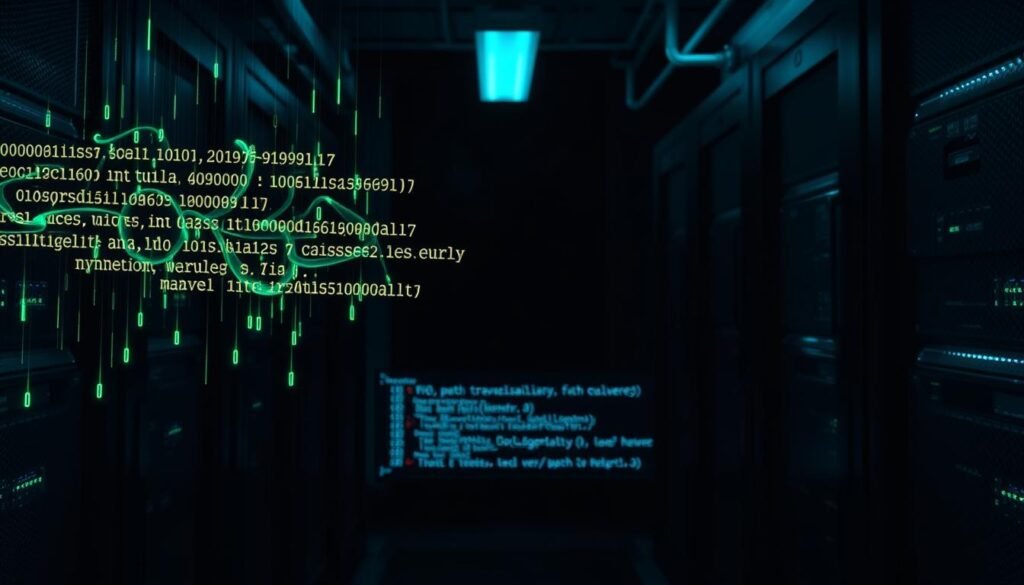 A dark, ominous server room bathed in a blue-green glow. In the foreground, an array of digital payloads hover ominously, their hexadecimal strings and special characters illuminated by the dim lighting. In the middle ground, a terminal displays lines of vulnerable code, highlighting the path traversal flaw. The background is shrouded in shadows, hinting at the sinister potential of these exploits. The scene conveys a sense of unease and the power of these technical attacks to infiltrate and compromise secure systems.