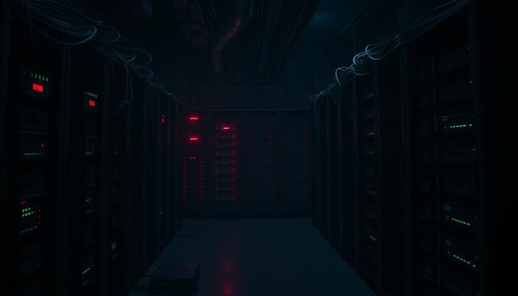 A dark, ominous server room, its intricate network of cables and blinking lights shrouded in an unsettling atmosphere. Servers stand in disarray, their security protocols carelessly configured, leaving vulnerabilities exposed. Shadows creep across the room, suggesting a lingering threat. Dim, eerie lighting casts an uneasy glow, heightening the sense of unease. The scene conveys a sense of neglect, where basic security measures have been overlooked, leaving the infrastructure susceptible to exploitation. A haunting reminder that security misconfigurations can open the door to cybersecurity risks, even in the most seemingly secure environments.