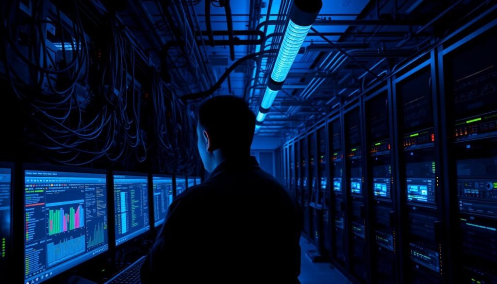 A dark, secure server room with rows of glowing monitors and blinking status lights. In the foreground, a system administrator is intently studying a real-time event monitoring dashboard, analyzing patterns and anomalies. The ambient lighting is a cool blue, casting long shadows and creating an atmosphere of focused intensity. The backdrop features a vast array of network cables, server racks, and a sprawling web of interconnected systems. The composition conveys a sense of vigilance, control, and the critical importance of maintaining comprehensive visibility over the complex world of Linux security.