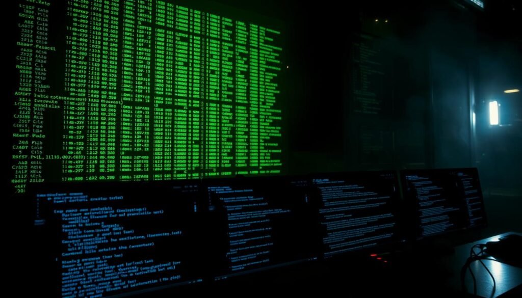 A dark, shadowy command console illuminated by a glowing green grid, displaying a stream of cryptic, rapidly scrolling commands. In the foreground, a series of command prompt windows flicker with lines of code, hinting at the sinister activities of a C2 server controlling its network of bots. The background is shrouded in a hazy, ominous atmosphere, evoking the secretive and clandestine nature of the subject matter. The image should convey a sense of technical sophistication, as well as the gravity and potential danger of the situation being depicted.