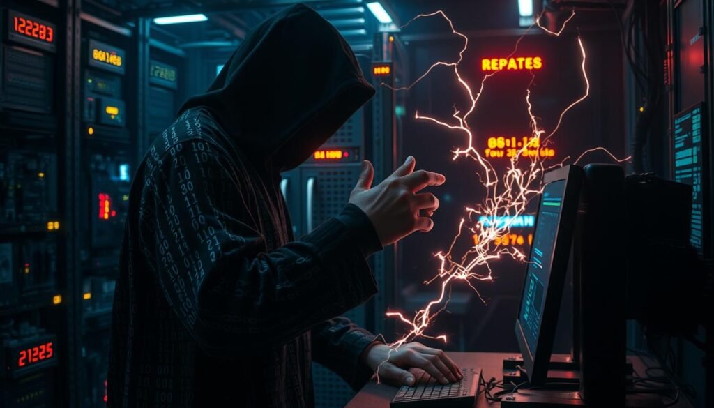 A dark, shadowy figure cloaked in binary code stands before a computer terminal, their hands delving deep into the system's core. Sparks of electrical energy crackle around them, casting an ominous glow on the scene. In the background, a maze of intricate circuit boards and glowing indicators suggest the inner workings of a high-security system. The atmosphere is tense, with a sense of impending danger and the weight of a critical vulnerability hanging heavy in the air. Precise camera angles and dramatic lighting emphasize the gravity of the situation, capturing the essence of privilege escalation in a Linux kernel exploit.