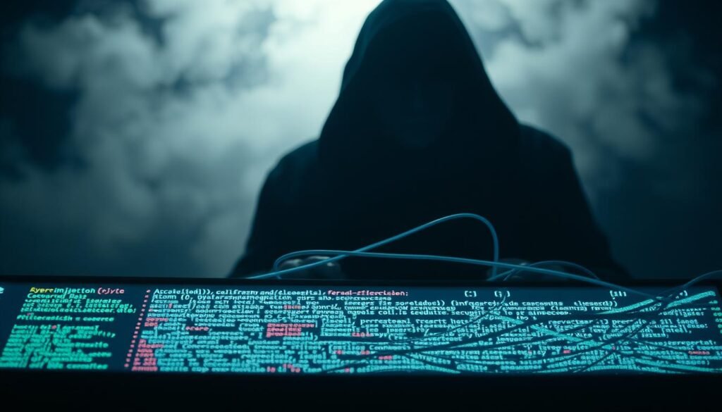 A dark, shadowy figure lurking behind a computer screen, casting an ominous glow. In the foreground, lines of code intertwine, hinting at the intricate web of a SQL injection attack. The background is shrouded in a haze of uncertainty, suggesting the unseen vulnerabilities that lie beneath the surface. The lighting is dramatic, creating a sense of tension and unease, as if the viewer is being drawn into the heart of the vulnerability. The camera angle is slightly tilted, adding an unsettling perspective that heightens the sense of danger and the need for investigation. A dark, shadowy figure lurking behind a computer screen, casting an ominous glow. In the foreground, lines of code intertwine, hinting at the intricate web of a SQL injection attack. The background is shrouded in a haze of uncertainty, suggesting the unseen vulnerabilities that lie beneath the surface. The lighting is dramatic, creating a sense of tension and unease, as if the viewer is being drawn into the heart of the vulnerability. The camera angle is slightly tilted, adding an unsettling perspective that heightens the sense of danger and the need for investigation.