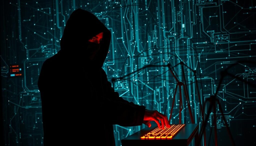 A dark, shadowy figure stands before an intricate matrix of digital pathways, their hands hovering over a glowing keyboard. The background is a chaotic web of interconnected nodes, pulsing with energy and data streams. The lighting is moody and dramatic, casting dramatic shadows that add depth and tension to the scene. The figure's expression is intense, focused on the task at hand - breaching the network's defenses and gaining unauthorized access. The overall atmosphere is one of high-stakes cybercrime, with the viewer feeling a sense of unease and the awareness that this is a dangerous, high-risk maneuver.