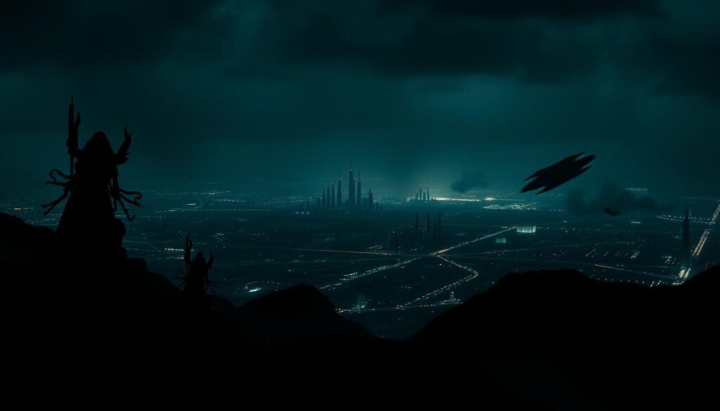 A dark, shadowy landscape dominated by ominous silhouettes and glowing digital threats. In the foreground, a cluster of abstract, menacing shapes - lines, grids, and glyphs that hint at the invisible cyber attacks and data breaches threatening national security. In the middle ground, a sprawling cityscape with critical infrastructure facilities, their vulnerability exposed by nefarious digital activity. The background fades into an eerie, dystopian atmosphere, with plumes of smoke and scattered data fragments floating ominously. The lighting is moody and dramatic, with a mix of hard-edged shadows and ominous highlights that convey a sense of impending danger. The overall scene communicates the gravity and complexity of the current threat landscape facing military and government cyber-intelligence operations.