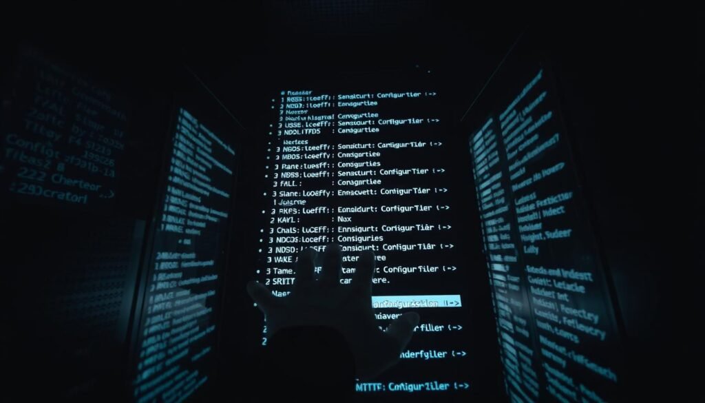 A dark, shadowy server room with a complex directory tree structure projected onto the walls. In the foreground, a hand navigates through the nested folders, uncovering sensitive configuration files. The lighting is harsh, creating deep shadows that convey a sense of unease and vulnerability. The camera angle is low, giving the viewer a sense of being drawn into the intrusion. The overall atmosphere is one of technical sophistication and clandestine exploration, hinting at the potential for malicious exploitation of the path traversal flaw.