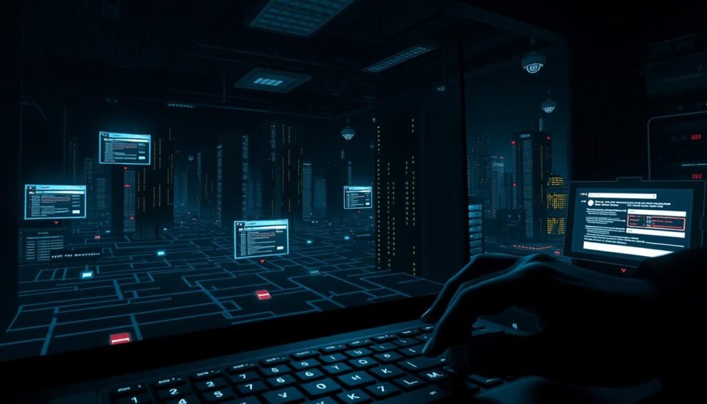 A dark, shadowy web interface with multiple entry points representing different IDOR vulnerabilities. In the foreground, a hacker's hand hovers over a keyboard, ready to exploit these weak spots. The middle ground features a maze-like network of interconnected pages and databases, with glowing icons highlighting potential targets. In the background, an ominous cityscape of towering server racks and blinking surveillance cameras, creating an atmosphere of digital unease. The lighting is low-key, with dramatic chiaroscuro effects to convey the seriousness and danger of IDOR flaws. The overall tone is one of cautious exploration, with a sense of the power and peril of such vulnerabilities. A dark, shadowy web interface with multiple entry points representing different IDOR vulnerabilities. In the foreground, a hacker's hand hovers over a keyboard, ready to exploit these weak spots. The middle ground features a maze-like network of interconnected pages and databases, with glowing icons highlighting potential targets. In the background, an ominous cityscape of towering server racks and blinking surveillance cameras, creating an atmosphere of digital unease. The lighting is low-key, with dramatic chiaroscuro effects to convey the seriousness and danger of IDOR flaws. The overall tone is one of cautious exploration, with a sense of the power and peril of such vulnerabilities.