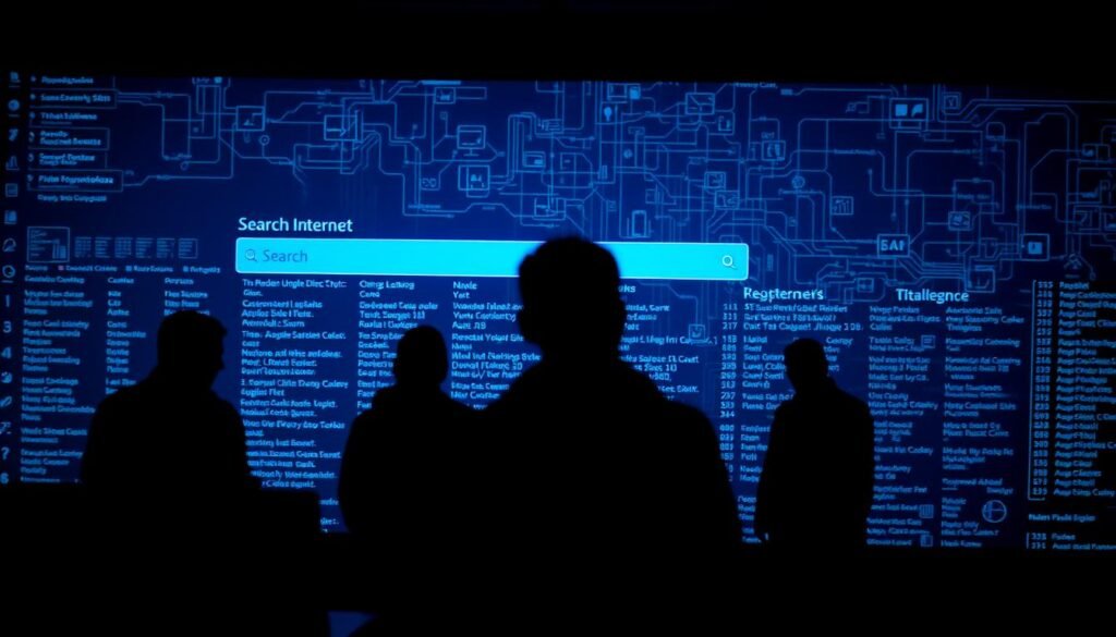 A dark-themed search engine interface, dimly lit with a soft blue glow. In the foreground, various search bar icons and buttons hover above a shadowy grid of search results. In the middle ground, silhouetted figures navigate the interface, their faces obscured. In the background, a complex web of interconnected directories and databases stretches out, hinting at the depth and complexity of the hidden internet. The overall atmosphere is one of mystery, secrecy, and the pursuit of elusive information. A dark-themed search engine interface, dimly lit with a soft blue glow. In the foreground, various search bar icons and buttons hover above a shadowy grid of search results. In the middle ground, silhouetted figures navigate the interface, their faces obscured. In the background, a complex web of interconnected directories and databases stretches out, hinting at the depth and complexity of the hidden internet. The overall atmosphere is one of mystery, secrecy, and the pursuit of elusive information.