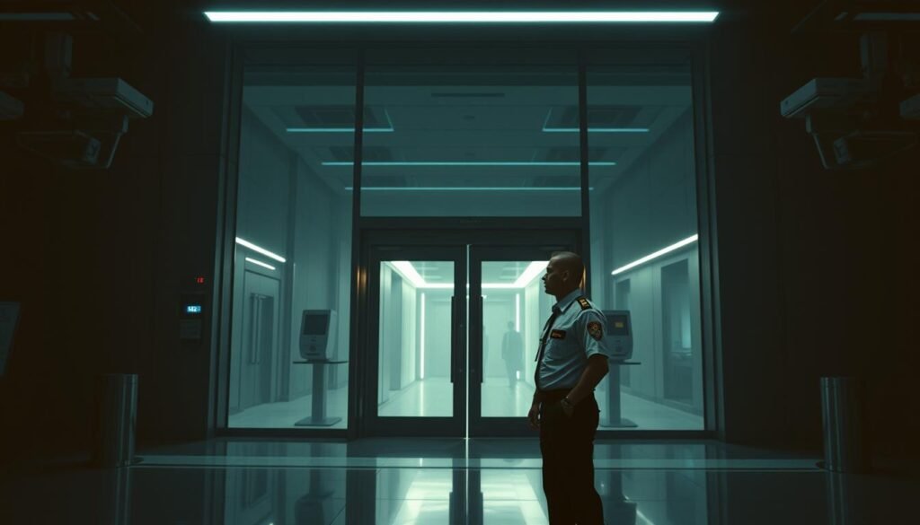 A darkened bank lobby with a high-security entrance. Sleek glass doors flanked by biometric scanners and surveillance cameras. The lighting is subdued, casting dramatic shadows and highlighting the austere, modern design. In the foreground, a security guard stands at the ready, their uniform crisp and their expression alert. The background is hazy, suggesting the presence of other banking activities happening just out of view. The overall atmosphere is one of heightened security, where every detail is meticulously designed to protect the financial institution and its customers.