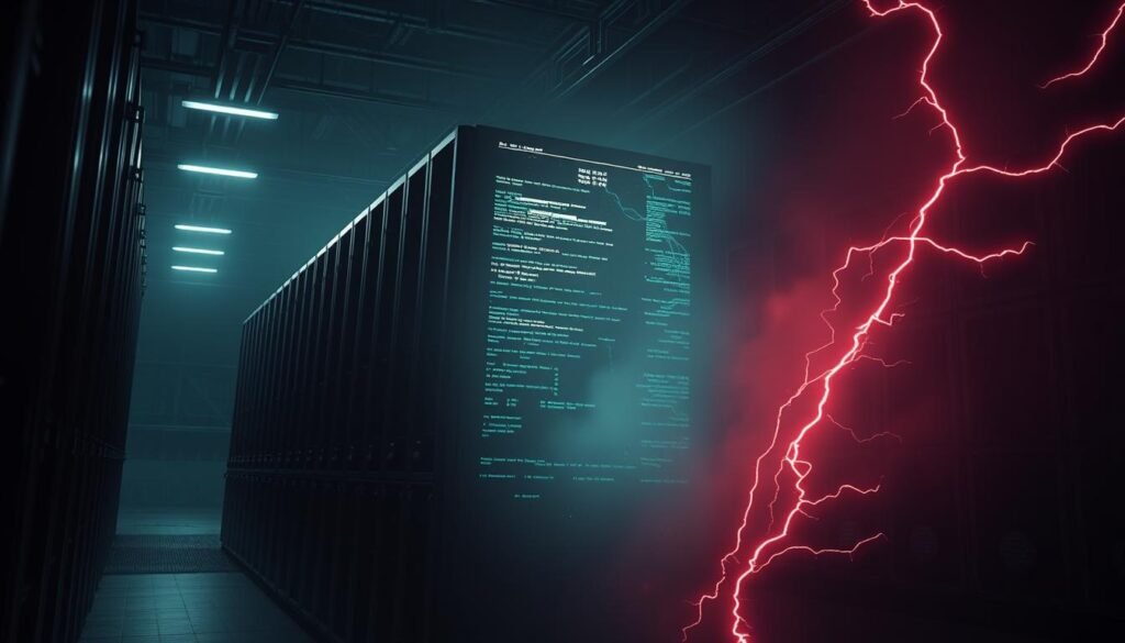 A darkened, cavernous data center interior with a looming, ominous virtual machine projection casting an eerie glow. The VM's surface distorts and glitches, hinting at hidden threats. Stark, high-contrast lighting casts dramatic shadows, creating a sense of foreboding. The background fades into an impenetrable digital haze, emphasizing the isolation and vulnerability of the virtual environment. Streaks of electrical energy crackle around the VM, suggesting active exploits or malicious code execution. An atmosphere of danger and uncertainty pervades the scene, reflecting the need for robust security measures in cloud-based virtual infrastructures. A darkened, cavernous data center interior with a looming, ominous virtual machine projection casting an eerie glow. The VM's surface distorts and glitches, hinting at hidden threats. Stark, high-contrast lighting casts dramatic shadows, creating a sense of foreboding. The background fades into an impenetrable digital haze, emphasizing the isolation and vulnerability of the virtual environment. Streaks of electrical energy crackle around the VM, suggesting active exploits or malicious code execution. An atmosphere of danger and uncertainty pervades the scene, reflecting the need for robust security measures in cloud-based virtual infrastructures.