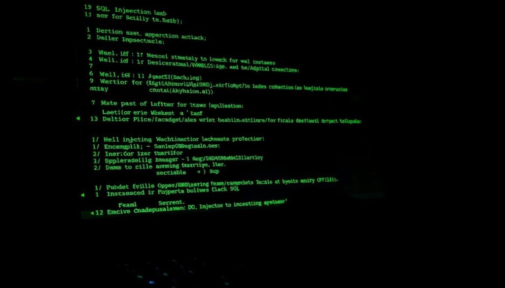 A darkened computer screen, cast in an eerie green glow, displays lines of menacing code - the telltale signs of a SQL injection attack. In the foreground, a shadowy figure's hands hover over the keyboard, their movements precise and calculated. The scene is bathed in a moody, dramatic lighting, creating a sense of unease and tension. The background is obscured, leaving the viewer to focus solely on the unfolding cyber threat, emphasizing the gravity and importance of understanding this critical security vulnerability. A darkened computer screen, cast in an eerie green glow, displays lines of menacing code - the telltale signs of a SQL injection attack. In the foreground, a shadowy figure's hands hover over the keyboard, their movements precise and calculated. The scene is bathed in a moody, dramatic lighting, creating a sense of unease and tension. The background is obscured, leaving the viewer to focus solely on the unfolding cyber threat, emphasizing the gravity and importance of understanding this critical security vulnerability.