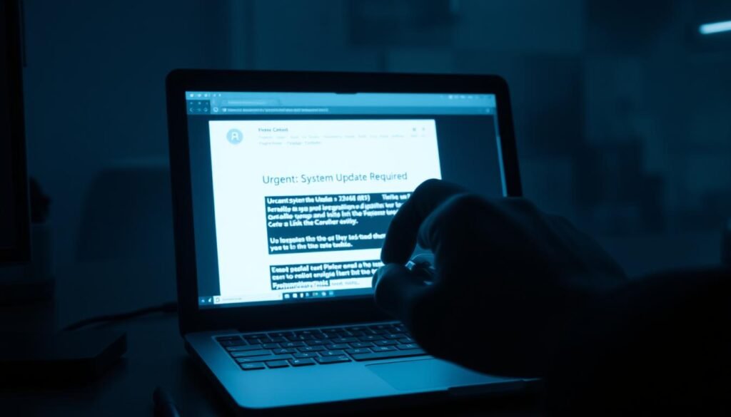A darkened office setting, with a laptop screen casting an eerie glow. On the screen, a phishing email appears, the subject line reading "Urgent: System Update Required." In the foreground, a shadowy figure's hand hovers over the mouse, ready to click the malicious link. The background is hazy, with a sense of unease and impending danger, as if the viewer is witnessing the start of a devastating cyber attack. A darkened office setting, with a laptop screen casting an eerie glow. On the screen, a phishing email appears, the subject line reading "Urgent: System Update Required." In the foreground, a shadowy figure's hand hovers over the mouse, ready to click the malicious link. The background is hazy, with a sense of unease and impending danger, as if the viewer is witnessing the start of a devastating cyber attack.