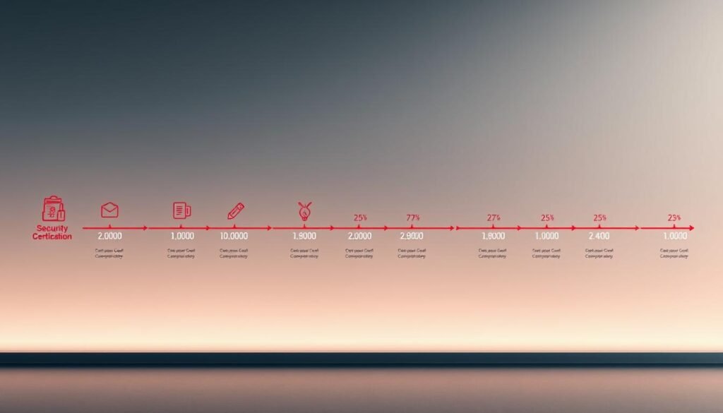 A data-driven timeline depicting the security certification process, showcased against a sleek, minimalist backdrop. In the foreground, a series of interconnected icons represent the various certification stages, including exam preparation, testing, and credential acquisition. The middle ground features a clean, grid-like layout of numerical data points, representing the time required for each step. The background is a soft, muted gradient, setting a contemplative, analytical tone. The lighting is evenly distributed, creating a sense of balance and clarity. The camera angle is slightly elevated, providing an overview of the entire timeline and emphasizing the systematic, structured nature of the subject matter.