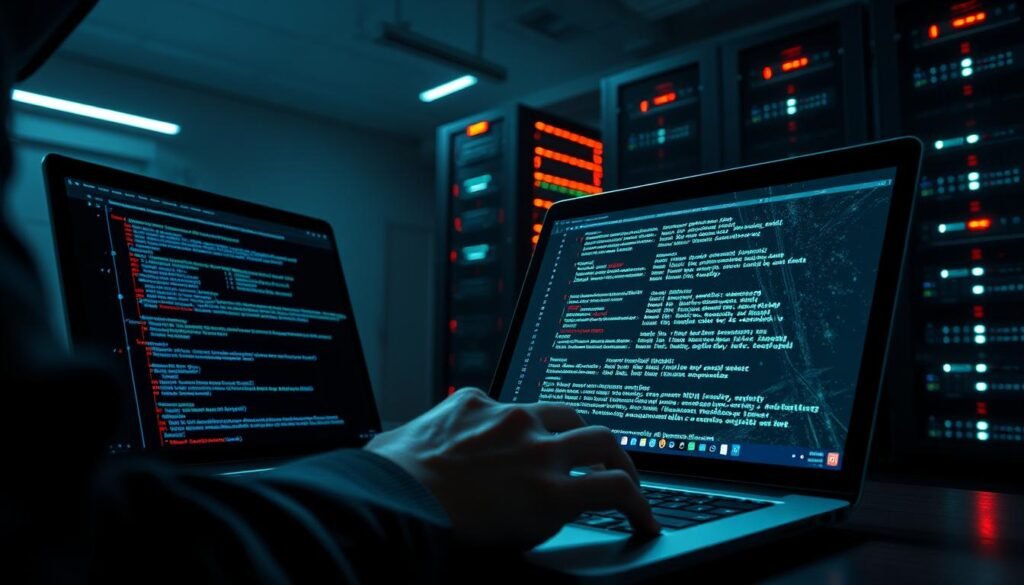 A data integrity SQL injection scenario unfolds in a dramatic cinematic scene. In the foreground, a hacker's hands skillfully manipulate code on a laptop screen, while in the middle ground, corrupted data files and database tables appear distorted and glitching. In the background, a server rack stands ominously, its blinking lights symbolizing the compromised infrastructure. Dramatic lighting casts long shadows, creating a tense, high-stakes atmosphere. The overall composition conveys the gravity of the situation and the urgency to restore the integrity of the affected data. A data integrity SQL injection scenario unfolds in a dramatic cinematic scene. In the foreground, a hacker's hands skillfully manipulate code on a laptop screen, while in the middle ground, corrupted data files and database tables appear distorted and glitching. In the background, a server rack stands ominously, its blinking lights symbolizing the compromised infrastructure. Dramatic lighting casts long shadows, creating a tense, high-stakes atmosphere. The overall composition conveys the gravity of the situation and the urgency to restore the integrity of the affected data.