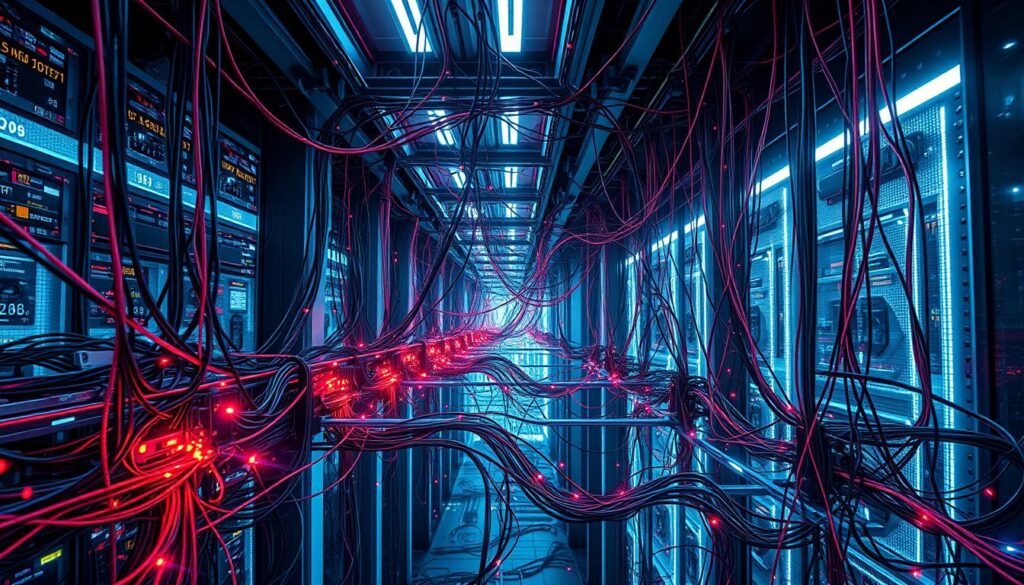 A densely interconnected network of nodes and cables, pulsing with streams of data. Intricate webs of communication protocols, packets flowing like digital lifeblood against a backdrop of sleek, futuristic architecture. Vibrant colors and dynamic lighting convey the complex, ever-changing nature of network traffic, captured from a high-angle perspective that showcases the scale and intricacy of this essential technological ecosystem. Subtle shadows and depth of field create a sense of depth and immersion, inviting the viewer to explore the inner workings of the digital realm. A densely interconnected network of nodes and cables, pulsing with streams of data. Intricate webs of communication protocols, packets flowing like digital lifeblood against a backdrop of sleek, futuristic architecture. Vibrant colors and dynamic lighting convey the complex, ever-changing nature of network traffic, captured from a high-angle perspective that showcases the scale and intricacy of this essential technological ecosystem. Subtle shadows and depth of field create a sense of depth and immersion, inviting the viewer to explore the inner workings of the digital realm.