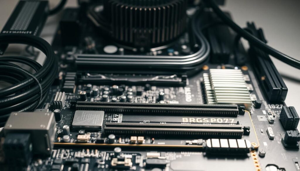 A detailed close-up view of computer hardware components, including a motherboard, RAM modules, a CPU heatsink, and various cables and connectors. The components are arranged in a clean, organized layout against a neutral, slightly muted background, emphasizing their intricate design and technical nature. Bright, soft lighting from above casts gentle shadows, highlighting the textural details and metallic finishes of the parts. The overall mood is one of precision, functionality, and the inner workings of a computer system.
