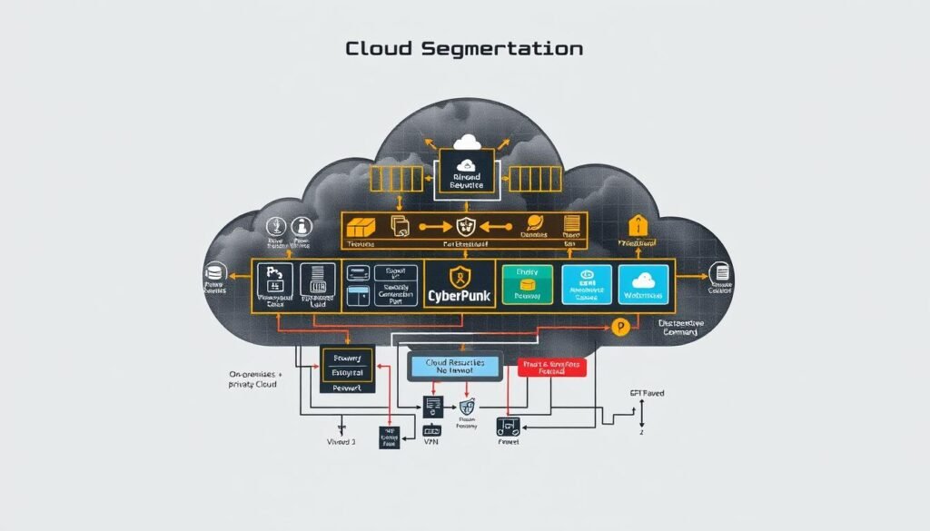A detailed cloud segmentation diagram against a neutral gray background, showcasing a hybrid cloud architecture with on-premises, private cloud, and public cloud resources. The diagram should depict various cloud services, networks, and security controls, including firewalls, VPNs, and access control mechanisms, to illustrate the complexities of maintaining a cohesive security posture across diverse cloud environments. The image should convey a sense of technical depth and complexity, with a focus on the visual representation of cloud segmentation principles and strategies.