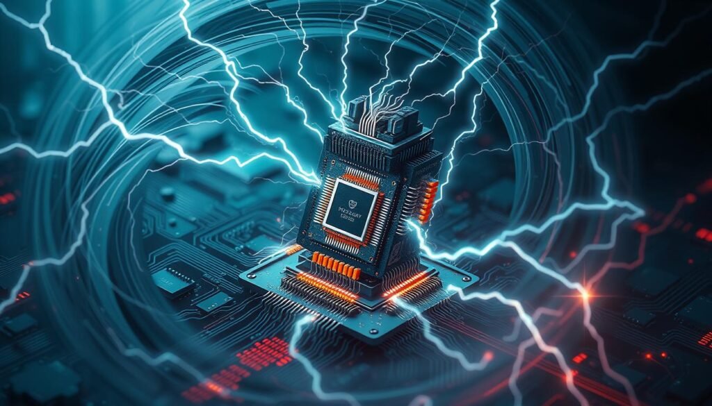 A detailed computer circuit board with a central processing unit (CPU) at its heart, surrounded by a swirling vortex of digital energy. The CPU is depicted as a towering, ominous structure, its inner workings visible through a cross-section. Bolts of electricity crackle around the CPU, signifying the intense computational power and potential vulnerabilities within. The background is a dark, moody gradient, with subtle hints of binary code and glowing circuit traces, creating an atmosphere of technological tension and the ever-present threat of a "kernel catastrophe." The composition is dramatic, with the CPU dominating the frame and the swirling energy drawing the viewer's attention to the core of the system.