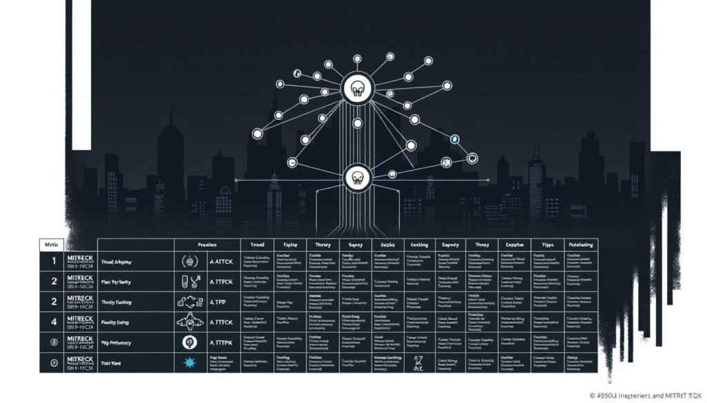 A detailed digital illustration depicting the MITRE ATT&CK framework, showcasing various threat actor techniques and procedures (TTPs) mapped to their corresponding matrix entries. The image features a sleek, minimalist aesthetic with a dark, futuristic color palette. The foreground presents the MITRE ATT&CK matrix in a grid-like arrangement, each cell containing an abstract icon or symbol representing a specific TTP. The middle ground showcases a series of interconnected nodes and lines, visually demonstrating the relationships and cascading effects between different TTPs. The background depicts a shadowy, ominous cityscape, hinting at the wider threat landscape. The overall composition conveys a sense of complexity, sophistication, and the systemic nature of modern cyber threats, without relying on any textual elements.