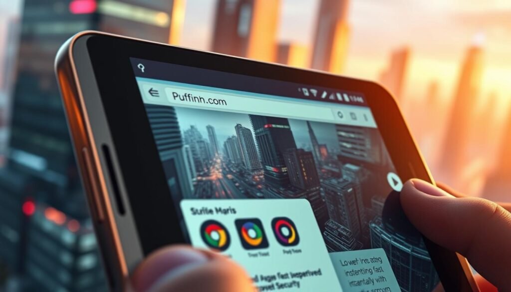 A detailed, high-resolution image of the Puffin web browser running on an Android smartphone. The foreground shows the Puffin app's user interface, featuring a sleek and modern design with clean lines, smooth animations, and intuitive controls. The middle ground showcases the device's display, highlighting the browser's lightning-fast performance, with web pages loading instantaneously and seamless scrolling. The background depicts a vibrant, futuristic cityscape, reflecting the advanced technology and cutting-edge security that Puffin offers. Warm, soft lighting illuminates the scene, creating a sense of sophistication and efficiency. The image conveys the browser's unparalleled speed and robust security features, perfectly aligning with the article's subject matter.