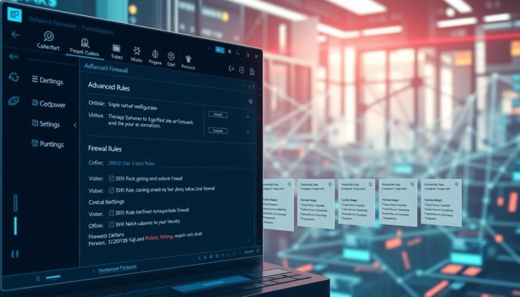 A detailed illustration of a Windows Defender Firewall interface, showcasing its advanced rules and configuration options. In the foreground, a sleek, modern firewall dashboard with various toggles, settings, and network visualization elements. In the middle ground, a series of customizable firewall rules, each represented by an intuitive card-like interface. The background depicts a subtly blurred network topology, suggesting the broader context of the firewall's role in securing the system. The image should convey a sense of professionalism, functionality, and technical depth, suitable for an article on critical Windows security settings. A detailed illustration of a Windows Defender Firewall interface, showcasing its advanced rules and configuration options. In the foreground, a sleek, modern firewall dashboard with various toggles, settings, and network visualization elements. In the middle ground, a series of customizable firewall rules, each represented by an intuitive card-like interface. The background depicts a subtly blurred network topology, suggesting the broader context of the firewall's role in securing the system. The image should convey a sense of professionalism, functionality, and technical depth, suitable for an article on critical Windows security settings.