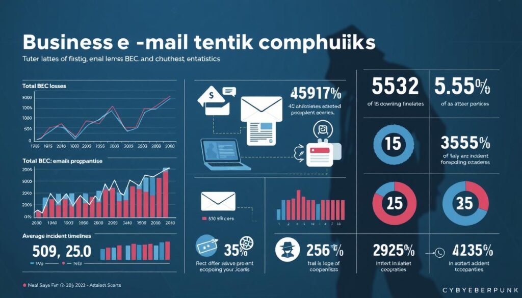 A detailed infographic showcasing the latest statistics on business email compromise (BEC) in the United States. In the foreground, a series of data visualizations - line graphs, bar charts, and pie charts - presenting key figures such as total BEC losses, attack volumes, and average incident timelines. In the middle ground, stylized icons and illustrations representing the BEC attack vector, including a laptop, email interface, and a shady figure lurking in the background. The background features a subtle geometric pattern in muted hues of blue and gray, creating a professional, data-driven atmosphere. Realistic lighting and camera angles give the image a sense of depth and visual interest, without distracting from the core informational content. A detailed infographic showcasing the latest statistics on business email compromise (BEC) in the United States. In the foreground, a series of data visualizations - line graphs, bar charts, and pie charts - presenting key figures such as total BEC losses, attack volumes, and average incident timelines. In the middle ground, stylized icons and illustrations representing the BEC attack vector, including a laptop, email interface, and a shady figure lurking in the background. The background features a subtle geometric pattern in muted hues of blue and gray, creating a professional, data-driven atmosphere. Realistic lighting and camera angles give the image a sense of depth and visual interest, without distracting from the core informational content.