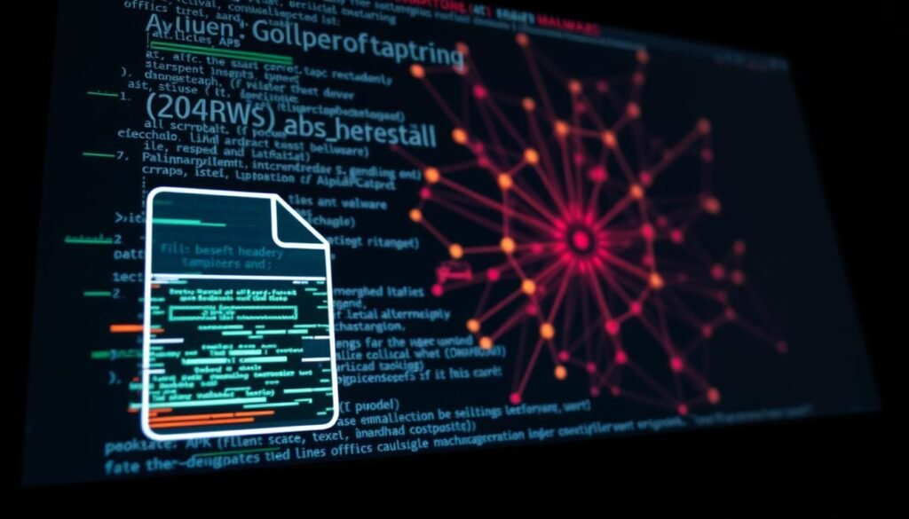 A detailed malware analysis file on a computer screen, with a dark, ominous atmosphere. In the foreground, the file icon is prominently displayed, its header tampering evident through glitches and distortions. The middle ground shows a complex network of connections, representing the evasive techniques used by the APK malware. The background is dimly lit, with a sense of unease and the feeling that something sinister is lurking. The lighting is dramatic, with deep shadows and highlights that accentuate the technical details. The camera angle is slightly tilted, adding a sense of tension and unease to the scene. A detailed malware analysis file on a computer screen, with a dark, ominous atmosphere. In the foreground, the file icon is prominently displayed, its header tampering evident through glitches and distortions. The middle ground shows a complex network of connections, representing the evasive techniques used by the APK malware. The background is dimly lit, with a sense of unease and the feeling that something sinister is lurking. The lighting is dramatic, with deep shadows and highlights that accentuate the technical details. The camera angle is slightly tilted, adding a sense of tension and unease to the scene.