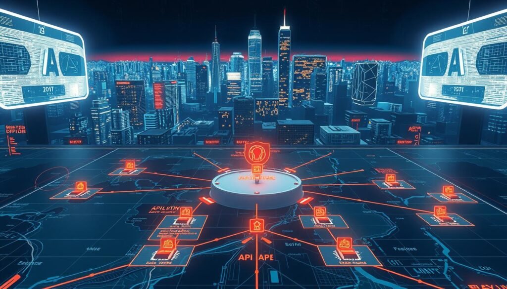 A detailed map of an API attack surface, rendered in a sleek, technical style. In the foreground, a network diagram with various API endpoints, their interconnections, and potential vulnerabilities highlighted. In the middle ground, a 3D rendered view of the API infrastructure, with servers, databases, and other components visible. In the background, a cityscape of skyscrapers, symbolizing the complex urban landscape in which modern APIs operate. The scene is illuminated by a cool, futuristic lighting, giving it a sense of sophistication and precision. The overall mood is one of careful analysis, highlighting the need to thoroughly understand and secure the API attack surface.