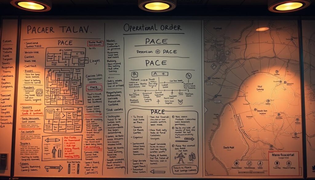 A detailed operational order displayed on a large tactical whiteboard, illuminated by warm overhead lighting. The foreground shows a complex web of plans, timelines, and contingencies, with arrows, diagrams, and scribbled notes. The middle ground features a PACE (Primary, Alternate, Contingency, Emergency) plan, outlining adaptable courses of action. The background showcases a large-scale map, pinpointing key locations and potential threat vectors, conveying an atmosphere of careful planning and anticipation of dynamic conditions.
