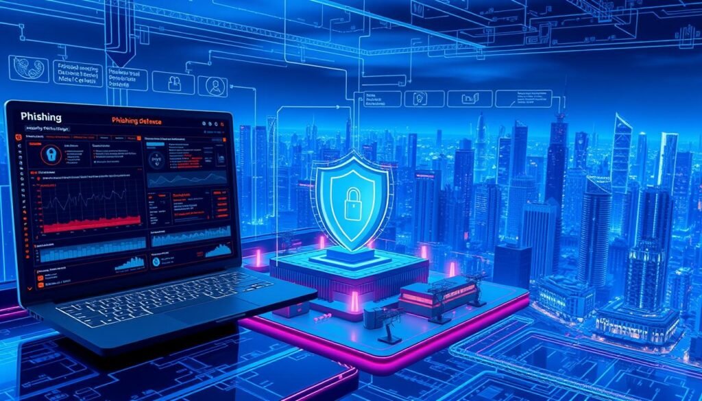 A detailed schematic diagram showcasing various phishing defense mechanisms. In the foreground, a sleek, futuristic security dashboard displays real-time threat monitoring and alert systems. In the middle ground, a 3D model of a secure network infrastructure, with firewalls, intrusion detection sensors, and encrypted data channels. In the background, a panoramic cityscape with skyscrapers, conveying the scale and complexity of modern cybersecurity challenges. The scene is illuminated by a cool, bluish lighting scheme, creating a sense of technical precision and high-stakes urgency. The overall composition emphasizes the layered, multifaceted nature of effective phishing defenses.