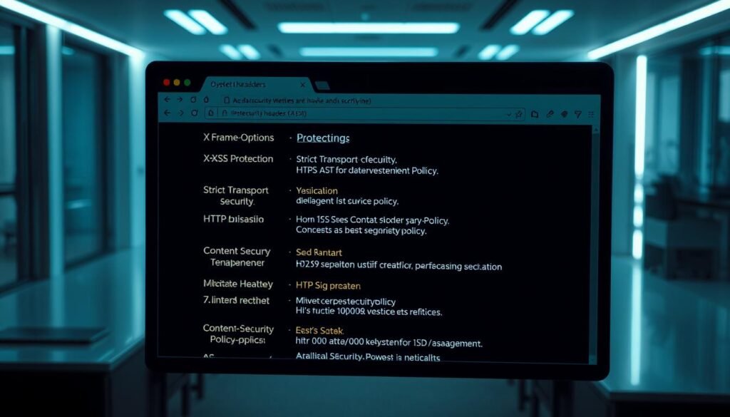 A detailed, sleek web browser window showcasing various security headers and HTTP policies, set against a backdrop of a sophisticated, minimalist office environment. The window displays a clean, uncluttered interface highlighting key security settings such as X-Frame-Options, X-XSS-Protection, Strict-Transport-Security, and Content-Security-Policy. Soft, directional lighting illuminates the scene, casting subtle shadows that accentuate the depth and textures of the various elements. The overall mood is one of professionalism, efficiency, and a strong emphasis on web security best practices.