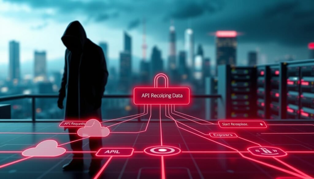 A detailed, technical illustration of an IDOR (Insecure Direct Object Reference) vulnerability in a modern web API. Set in a sleek, minimalist digital environment, the image depicts a central API endpoint being accessed by an unauthorized user, represented by a shadowy figure. The foreground features a series of interconnected API requests and responses, conveying the flow of sensitive data being exposed. The middle ground showcases the API infrastructure, including cloud icons and server racks, emphasizing the real-world impact of such vulnerabilities. The background paints a blurred, ominous cityscape, hinting at the broader consequences of unprotected APIs. Dramatic lighting and moody color tones evoke a sense of tension and urgency, underscoring the significance of addressing IDOR flaws in today's web applications. A detailed, technical illustration of an IDOR (Insecure Direct Object Reference) vulnerability in a modern web API. Set in a sleek, minimalist digital environment, the image depicts a central API endpoint being accessed by an unauthorized user, represented by a shadowy figure. The foreground features a series of interconnected API requests and responses, conveying the flow of sensitive data being exposed. The middle ground showcases the API infrastructure, including cloud icons and server racks, emphasizing the real-world impact of such vulnerabilities. The background paints a blurred, ominous cityscape, hinting at the broader consequences of unprotected APIs. Dramatic lighting and moody color tones evoke a sense of tension and urgency, underscoring the significance of addressing IDOR flaws in today's web applications.