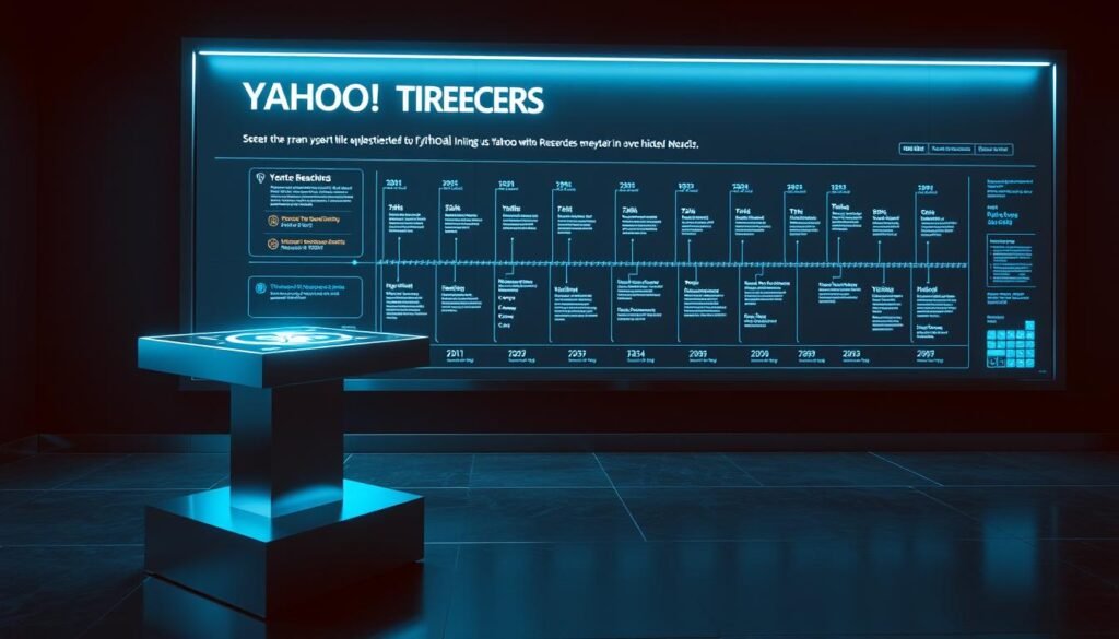 A detailed timeline display depicting the history of Yahoo data breaches. A sleek metal podium stands in the foreground, with a glowing holographic interface showcasing key events and statistics. Behind it, a large wall-mounted screen displays a chronological visualization of the breaches, using clean lines, minimalist infographic elements, and a cool, high-tech color palette. The scene is bathed in cool, directional lighting, casting dramatic shadows and highlights that emphasize the technological nature of the subject matter. The overall atmosphere conveys a sense of seriousness and professionalism, suitable for an in-depth analysis of this cybersecurity incident.