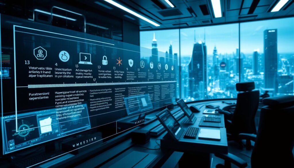A detailed timeline of cybersecurity events unfolds against a backdrop of a digital world. In the foreground, a holographic display depicts a chronological sequence of key milestones, each represented by minimalist icons and data visualizations. The middle ground showcases a futuristic command center, with sleek monitors, touchscreens, and an array of sophisticated analytical tools. In the background, a cityscape of gleaming skyscrapers and interconnected networks serves as a testament to the technological advancements that both enable and challenge modern cybersecurity. Soft, directional lighting casts a sense of purpose and urgency, while a cool color palette reinforces the high-stakes, data-driven nature of this critical intelligence briefing.