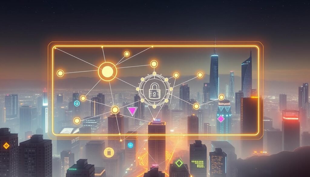 A digital cityscape illuminated by soft, diffused lighting, with a central focus on a network of interconnected data lines and glowing orbs representing web servers. In the foreground, a large, stylized browser window frames the scene, symbolizing the boundary between web applications and security protocols. The middle ground features colorful geometric shapes and icons, illustrating the complex web of CORS policies that govern cross-origin resource sharing. In the background, a hazy, futuristic landscape with towering skyscrapers and a starry night sky creates a sense of scale and context. The overall tone is one of technological elegance and the delicate balance between accessibility and security in the digital realm.
